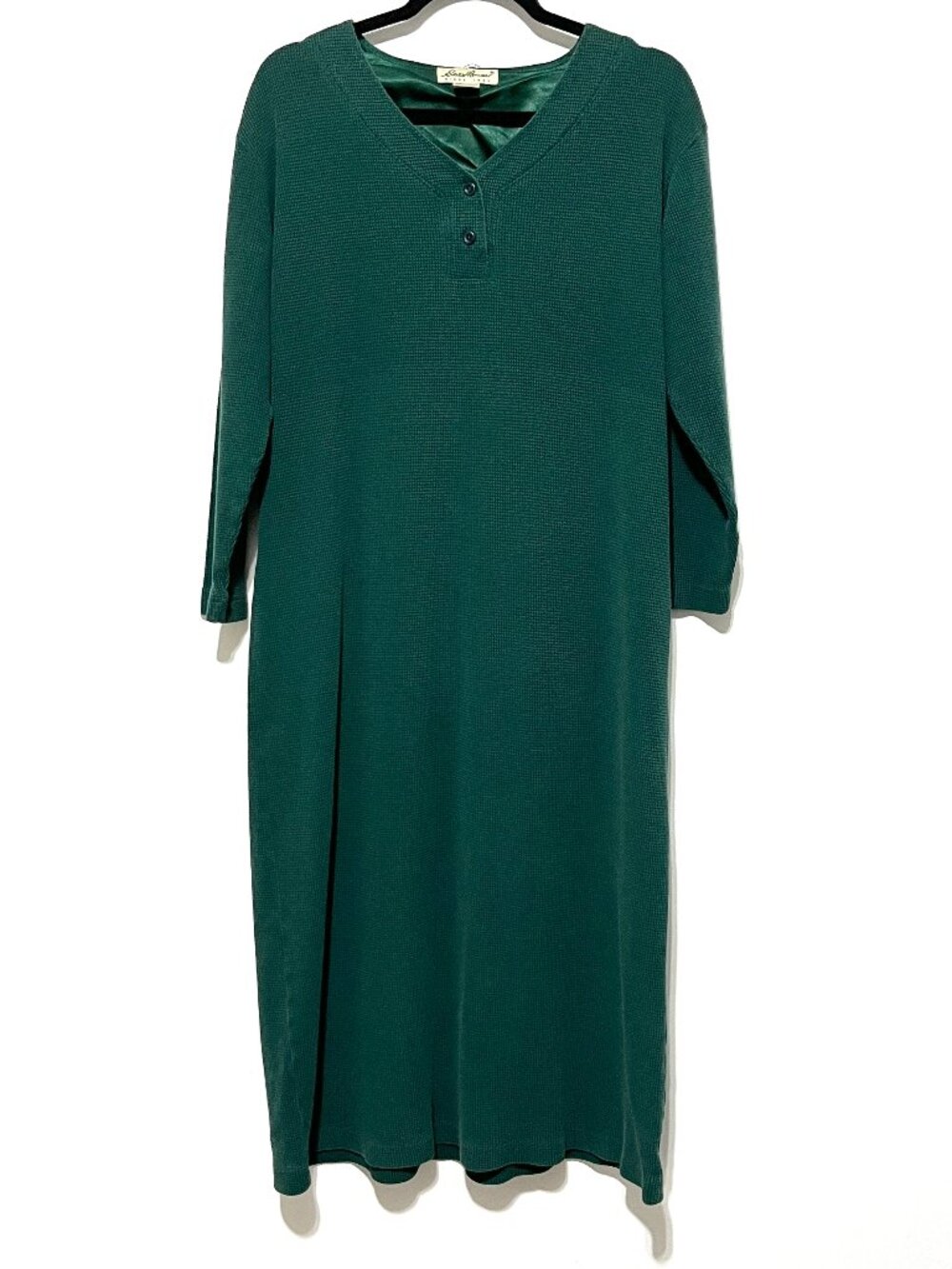Eddie Bauer Womens VTG Thermal Waffle Henley Maxi Sleep Shirt Night Gown S Green